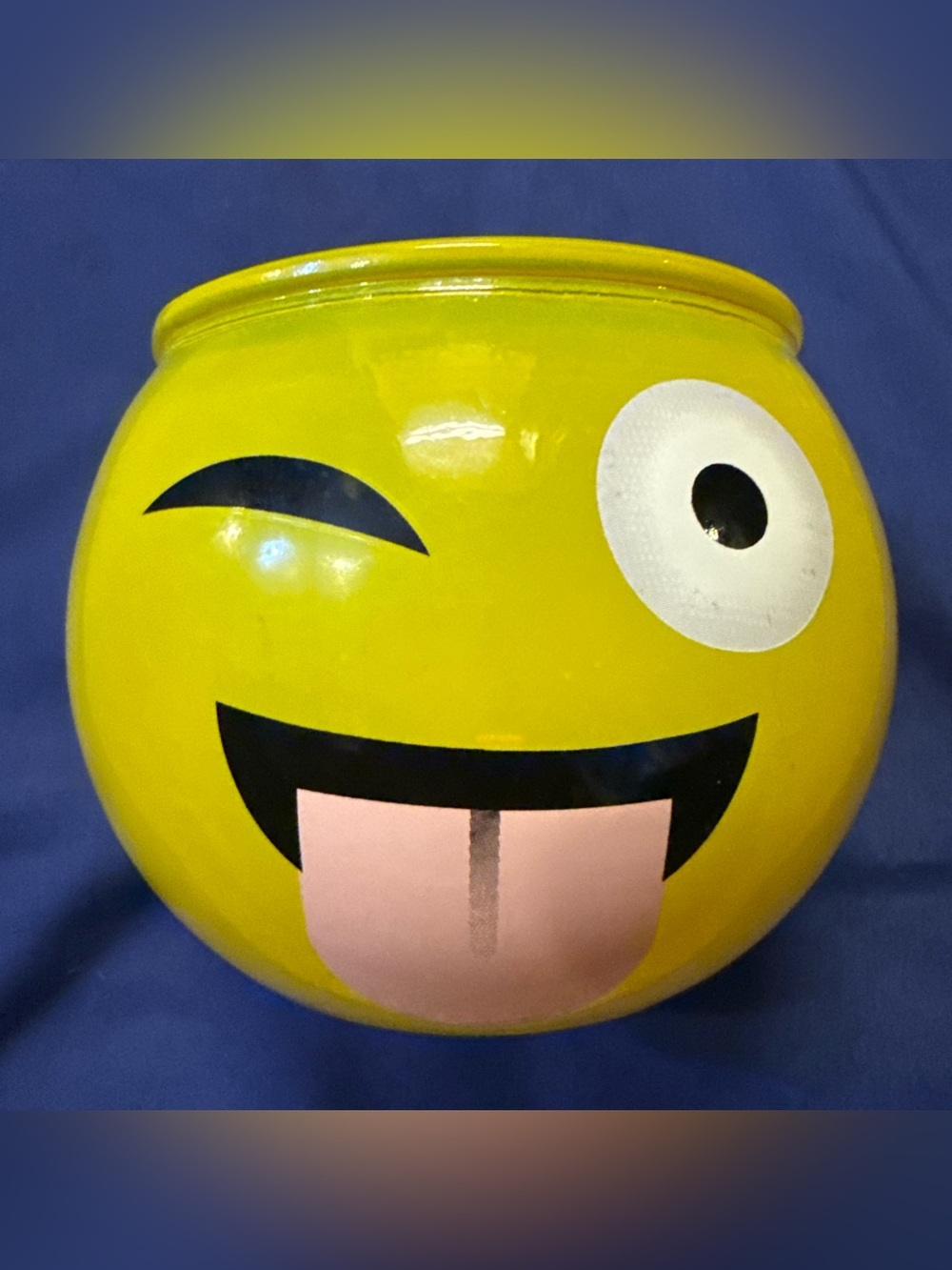 Smiley Winking Emoji Face Vase 4 Inches Tall 4 Inches Wide Yellow Planter Glass